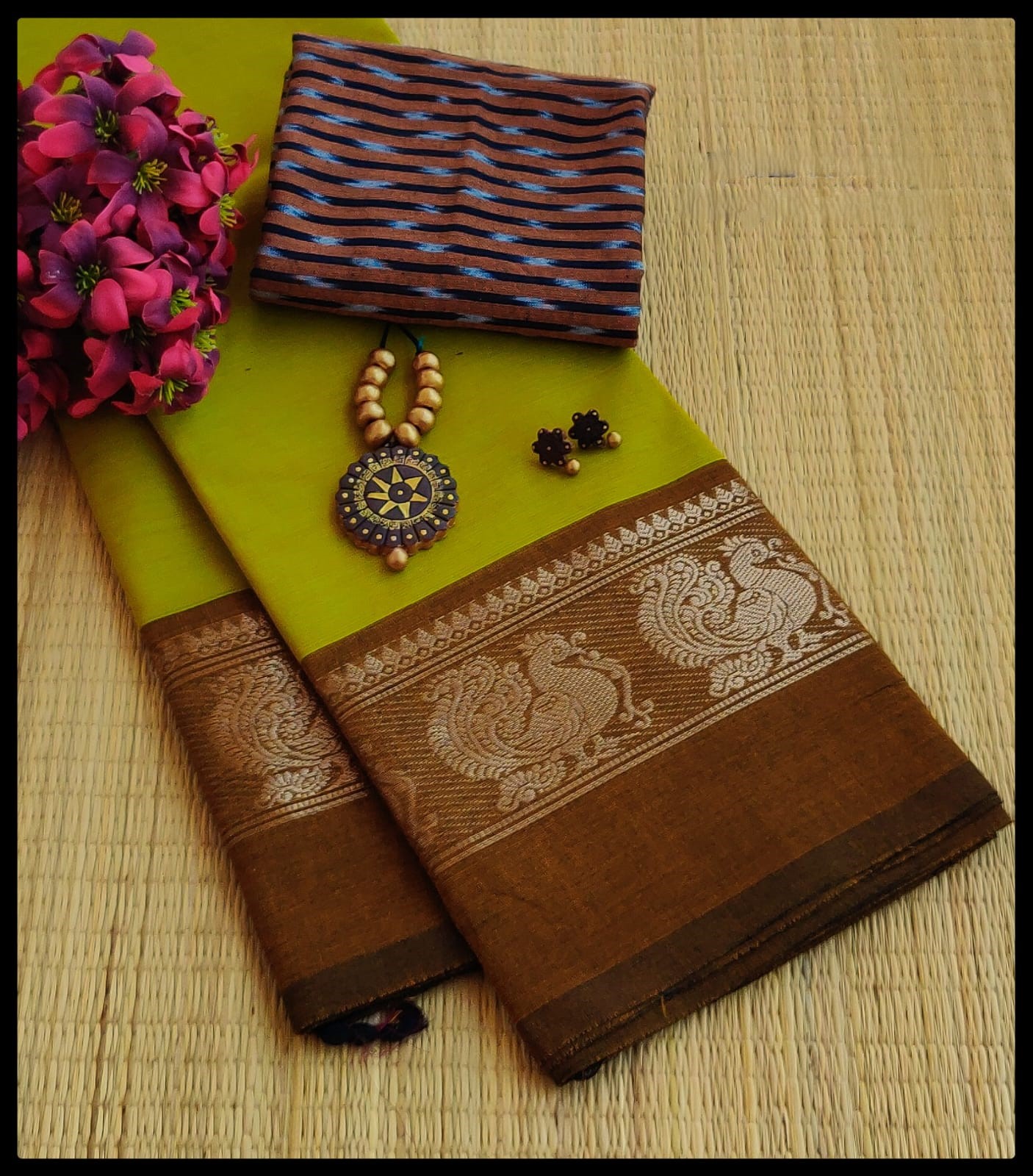 Maroon Peacock Zari Border Chettinad Cotton Saree